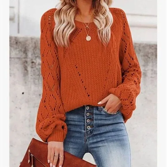 New Crochet Hollow Out Crewneck Knit Sweater Pullover