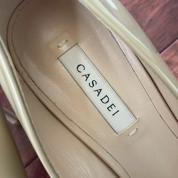 NIB Casadei Italy Tiffany Tan Patient Leather Pointed Pump Heels 37.5