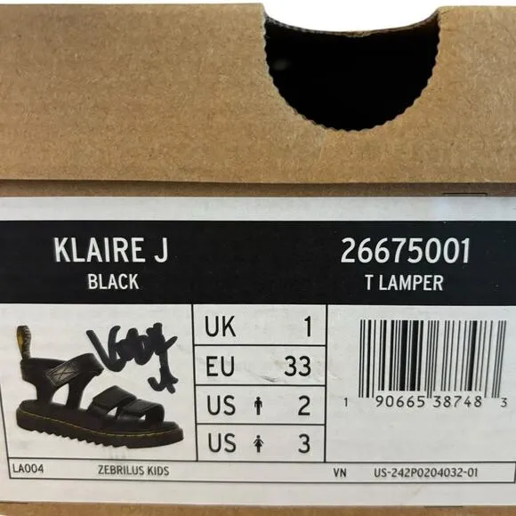 NIB Dr. Martens Klaire J Black Sandals Unisex Little Big Kids US 2 Boy 3 Girl