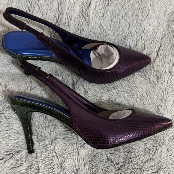 NIB Karl Lagerfeld Snake Purple and Green Slingback Heels, size 7.5