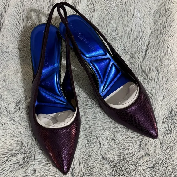 NIB Karl Lagerfeld Snake Purple and Green Slingback Heels, size 7.5