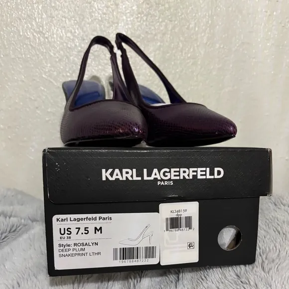 NIB Karl Lagerfeld Snake Purple and Green Slingback Heels, size 7.5