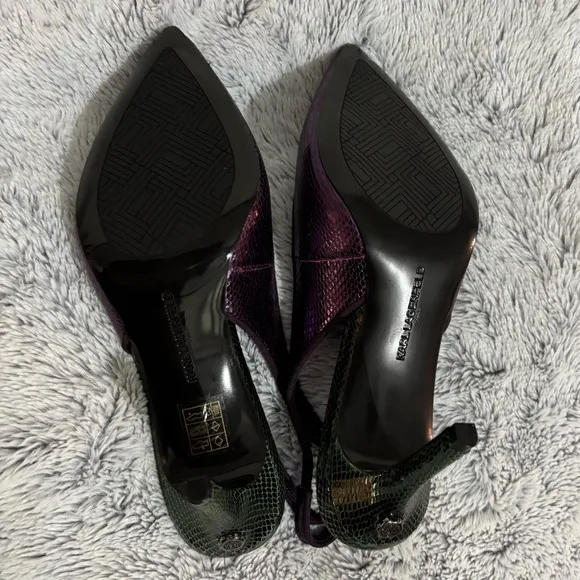 NIB Karl Lagerfeld Snake Purple and Green Slingback Heels, size 7.5