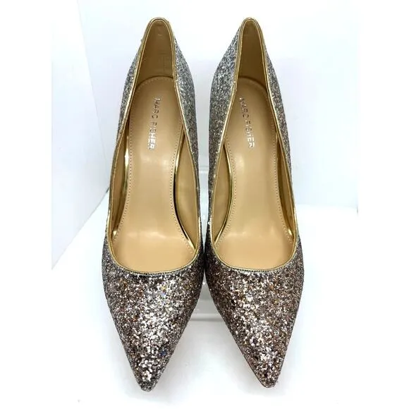 NIB Marc Fisher HEADY Special Occasion Prom Heels Silver Gold Glitter Shoes 10 M