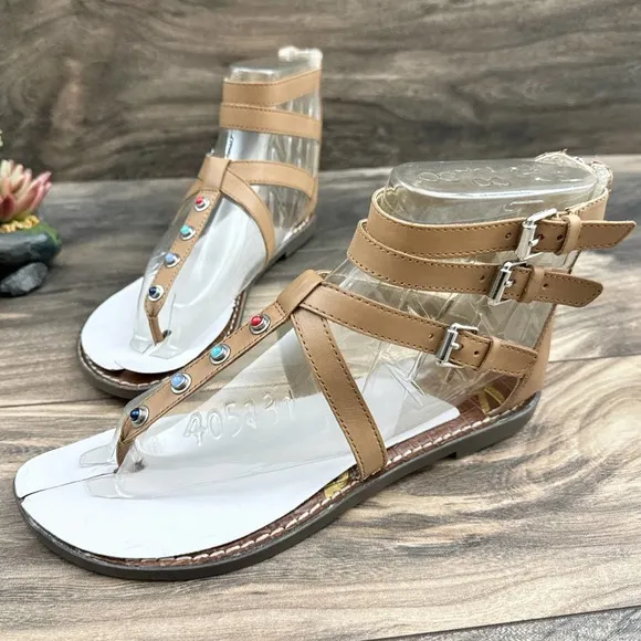 NIB Sam Edelman 9M Camel Genevive Leather Studded Strappy Gladiator Sandals