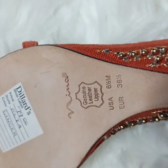 Nina 6.5 orange embellished high heel shoes. Leather.