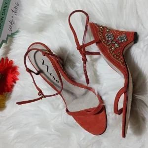 Nina 6.5 orange embellished high heel shoes. Leather.