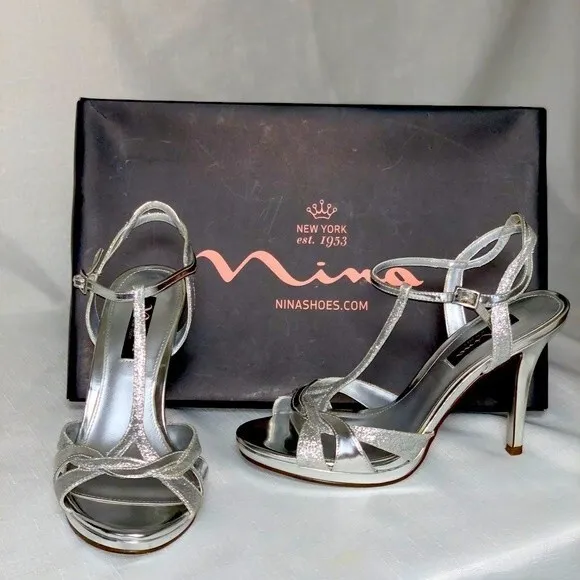 NINA Silver Sandals Metallic Heel Ankle Strappy 6.5 Open Toe Prom Party Sexy