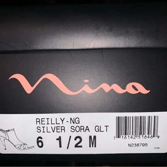 NINA Silver Sandals Metallic Heel Ankle Strappy 6.5 Open Toe Prom Party Sexy