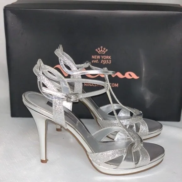 NINA Silver Sandals Metallic Heel Ankle Strappy 6.5 Open Toe Prom Party Sexy