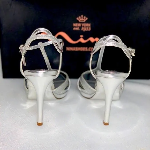 NINA Silver Sandals Metallic Heel Ankle Strappy 6.5 Open Toe Prom Party Sexy