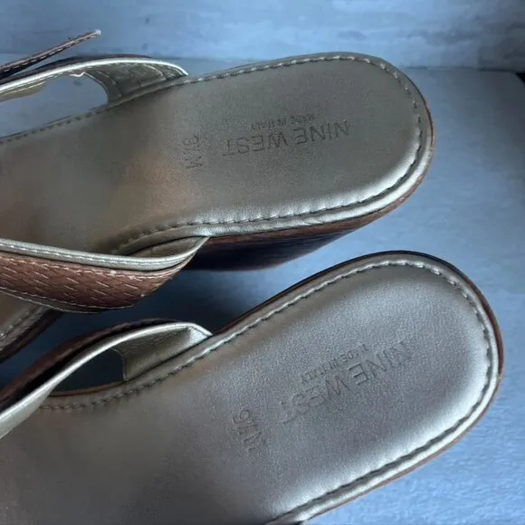 NINE WEST Brown Leather Wood Wedge Sandals Size 9.5