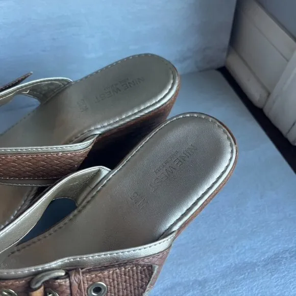 NINE WEST Brown Leather Wood Wedge Sandals Size 9.5