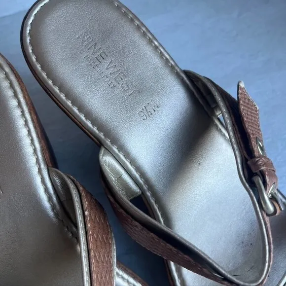 NINE WEST Brown Leather Wood Wedge Sandals Size 9.5