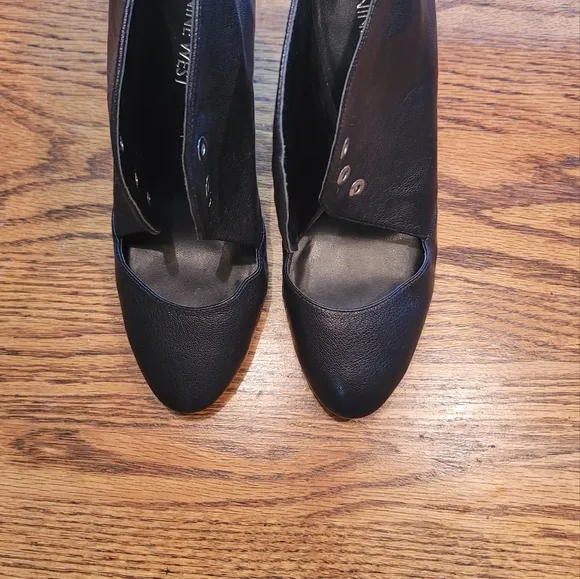Nine West Nicolette Black Genuine Leather Almond Toe Heels Booties Boots Shoes