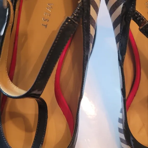 Nine West Red Blue Stripe Mary Jane Peep Toe Heels Shoes Size 8