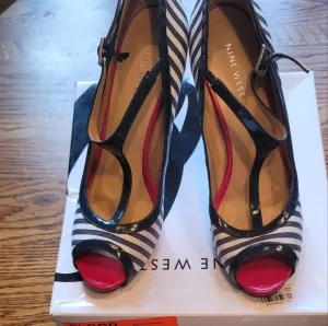 Nine West Red Blue Stripe Mary Jane Peep Toe Heels Shoes Size 8