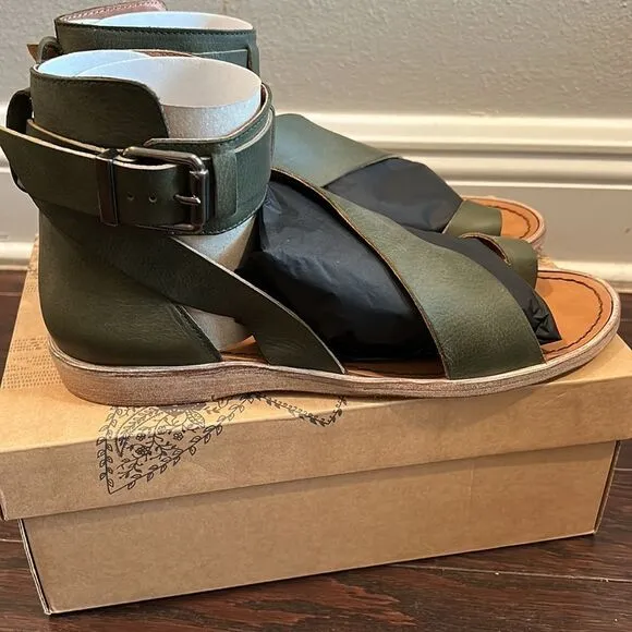 NWB Free People Vale Boot Sandal Khaki Green Leather Size 41