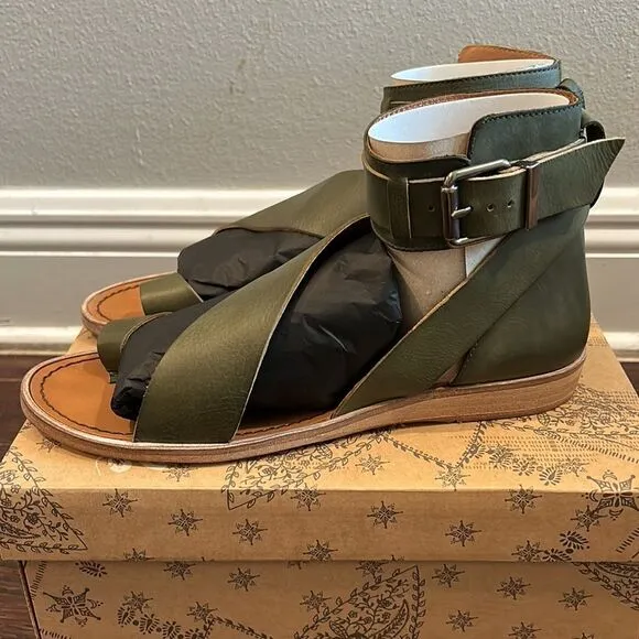 NWB Free People Vale Boot Sandal Khaki Green Leather Size 41