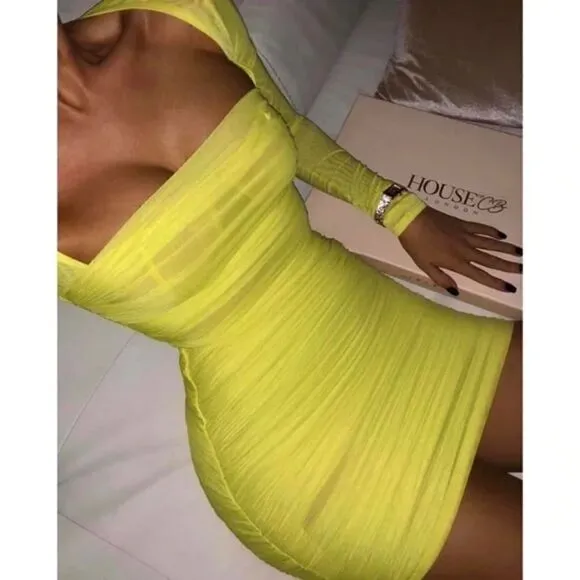 NWOT HOUSE OF CB  Neon Long Sleeve Ruched Sheer Mesh Bodycon Mini Dress XS