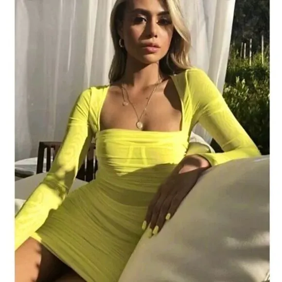 NWOT HOUSE OF CB  Neon Long Sleeve Ruched Sheer Mesh Bodycon Mini Dress XS