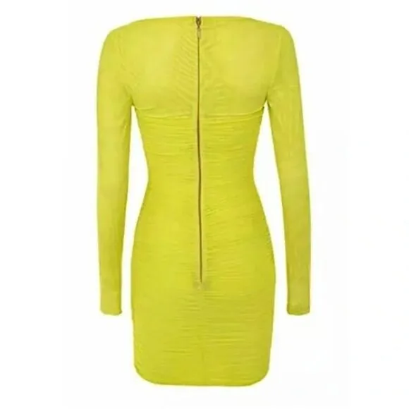 NWOT HOUSE OF CB  Neon Long Sleeve Ruched Sheer Mesh Bodycon Mini Dress XS