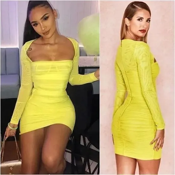 NWOT HOUSE OF CB  Neon Long Sleeve Ruched Sheer Mesh Bodycon Mini Dress XS