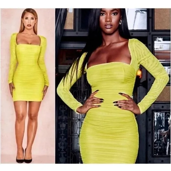 NWOT HOUSE OF CB  Neon Long Sleeve Ruched Sheer Mesh Bodycon Mini Dress XS