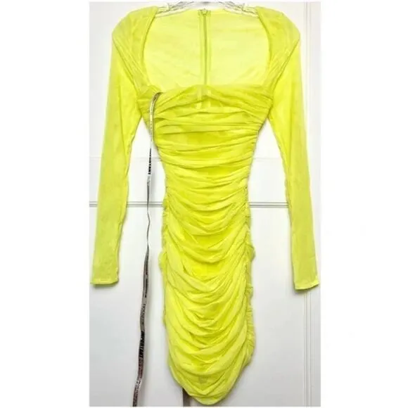 NWOT HOUSE OF CB  Neon Long Sleeve Ruched Sheer Mesh Bodycon Mini Dress XS