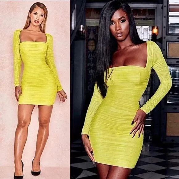 NWOT HOUSE OF CB  Neon Long Sleeve Ruched Sheer Mesh Bodycon Mini Dress XS