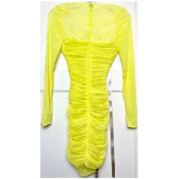 NWOT HOUSE OF CB  Neon Long Sleeve Ruched Sheer Mesh Bodycon Mini Dress XS
