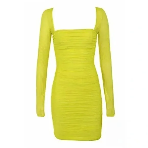 NWOT HOUSE OF CB  Neon Long Sleeve Ruched Sheer Mesh Bodycon Mini Dress XS