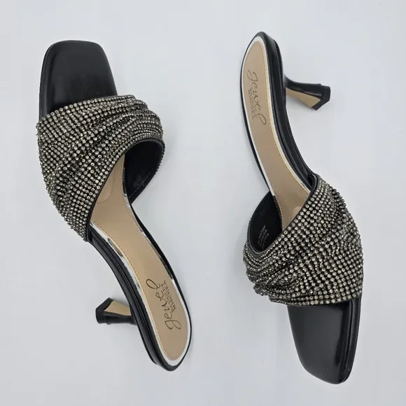 NWOT Jewel Badgley Mischka Humor Crystal Open-Toe Kitten Heel Mules, Black, 6.5