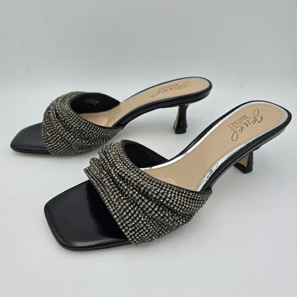NWOT Jewel Badgley Mischka Humor Crystal Open-Toe Kitten Heel Mules, Black, 6.5