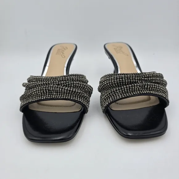 NWOT Jewel Badgley Mischka Humor Crystal Open-Toe Kitten Heel Mules, Black, 6.5