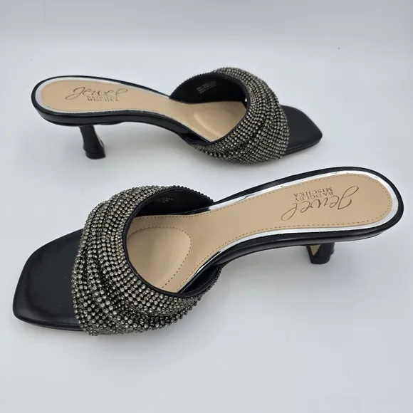 NWOT Jewel Badgley Mischka Humor Crystal Open-Toe Kitten Heel Mules, Black, 6.5
