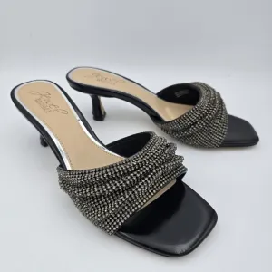 NWOT Jewel Badgley Mischka Humor Crystal Open-Toe Kitten Heel Mules, Black, 6.5