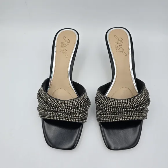 NWOT Jewel Badgley Mischka Humor Crystal Open-Toe Kitten Heel Mules, Black, 6.5