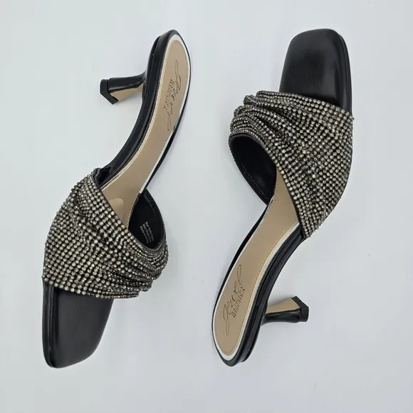 NWOT Jewel Badgley Mischka Humor Crystal Open-Toe Kitten Heel Mules, Black, 6.5