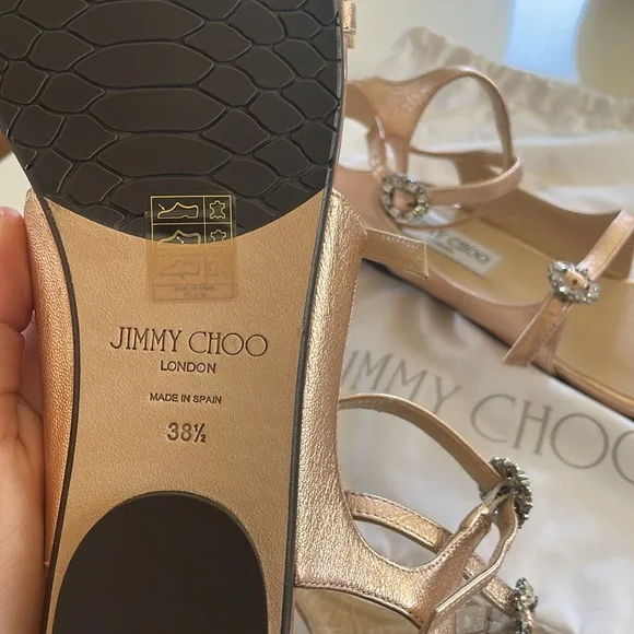 NWOT Jimmy Choo Naia Flat Strappy Sandal Metallic Rose Gold
