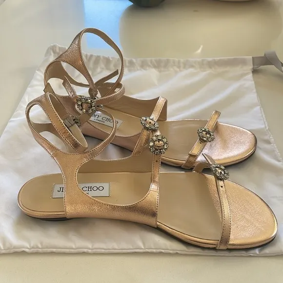 NWOT Jimmy Choo Naia Flat Strappy Sandal Metallic Rose Gold