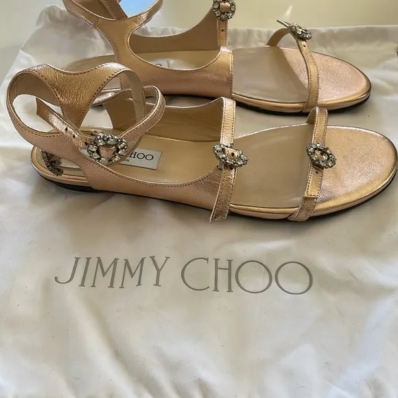 NWOT Jimmy Choo Naia Flat Strappy Sandal Metallic Rose Gold