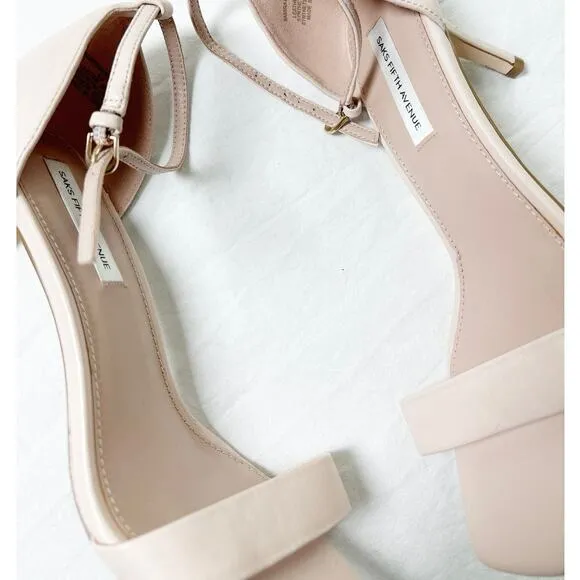 NWOT Saks Fifth Avenue Women's Natural Sadie Leather Kitten Heel Sandal Size 8.5