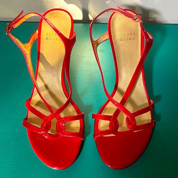 NWOT - Stuart Weitzman Red Patent Leather Strappy Heels Sandals - Sz 7