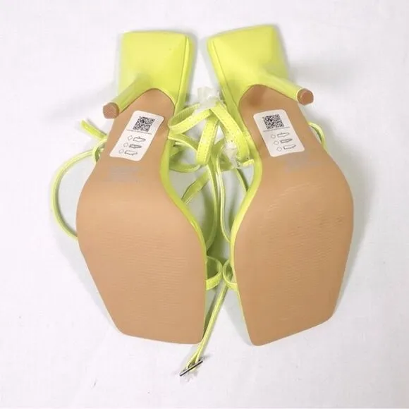 NWOT TOPSHOP Evie Square Toe Heeled Sandals Strappy Mid Neon Yellow