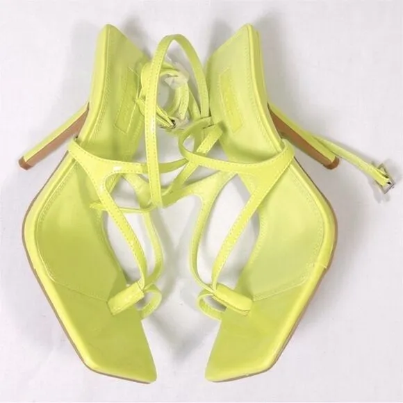 NWOT TOPSHOP Evie Square Toe Heeled Sandals Strappy Mid Neon Yellow