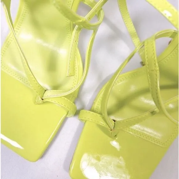 NWOT TOPSHOP Evie Square Toe Heeled Sandals Strappy Mid Neon Yellow