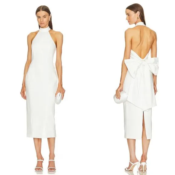 NWT Elliatt Open Back Halter Mock Neck Bow Detail Odori Midi Dress White Small $