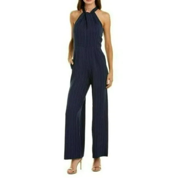 NWT JULIA JORDAN Sleeveless Twist Halter Neck Wide Leg Striped Jumpsuit