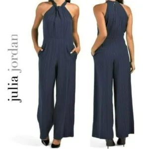 NWT JULIA JORDAN Sleeveless Twist Halter Neck Wide Leg Striped Jumpsuit